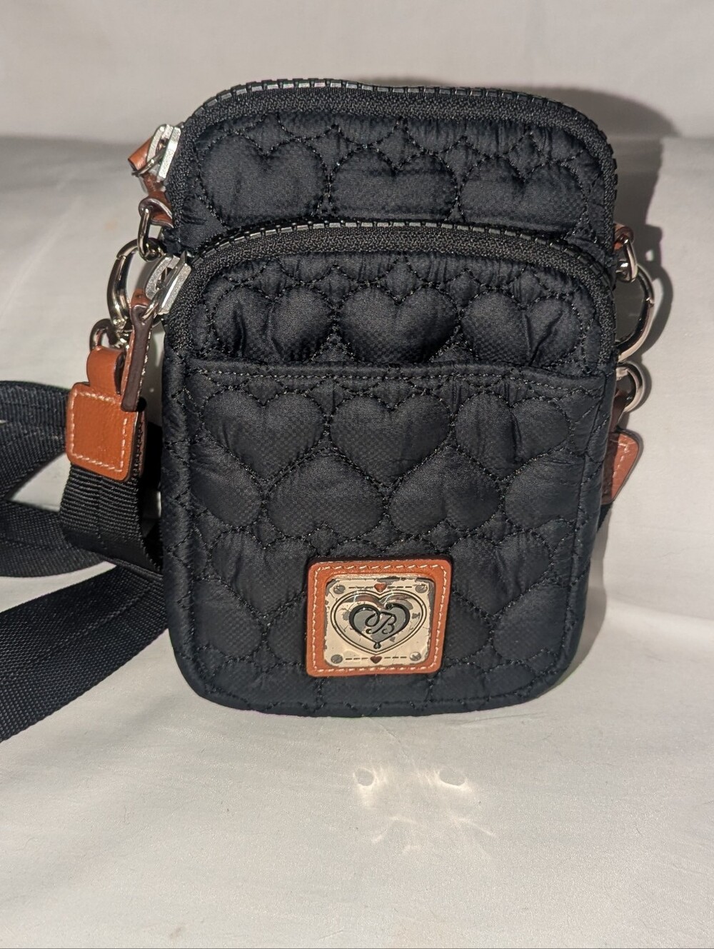 Brighton Kora Black Quilted Heart Crossbody with Brown Trim